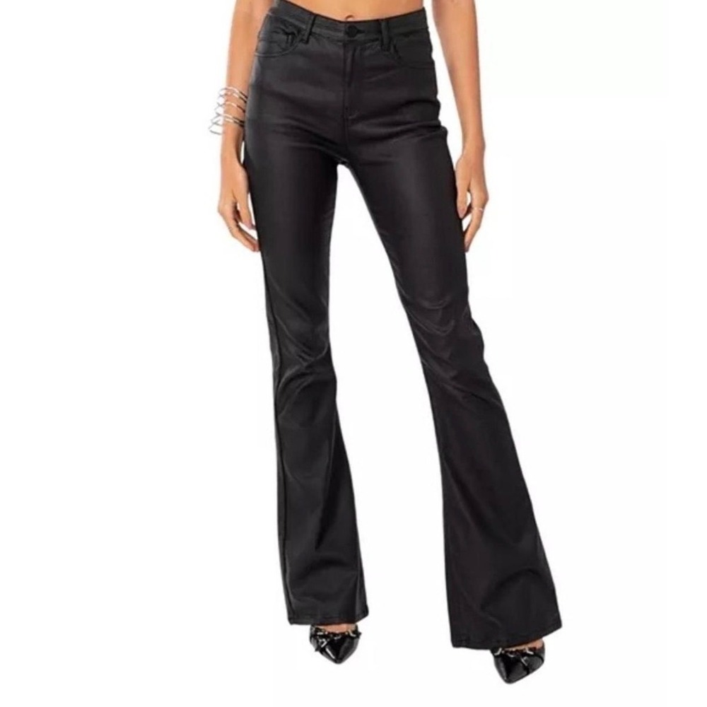 Edikted Black Coated High Waisted Flare Pants Bell Bottom Trousers Womens Medium